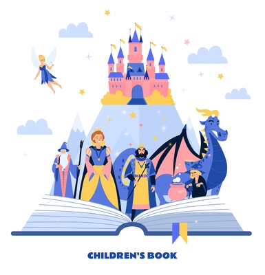 Book for children cartoon vector illustration with fairy tale characters at medieval castle background