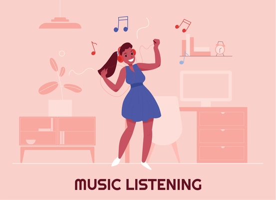 Young smiling girl listening to music with  headphones on rose background flat vector illustration