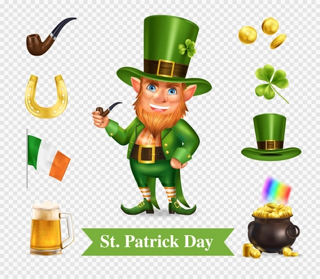 Saint patrick holiday accessories transparent set of green hat smoking pipe mug of beer pot full of gold coins realistic vector illustration