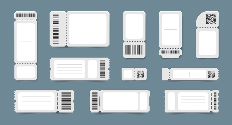 Realistic empty ticket mockups set with isolated coupons tear off stubs and barcodes on detachable slips vector illustration