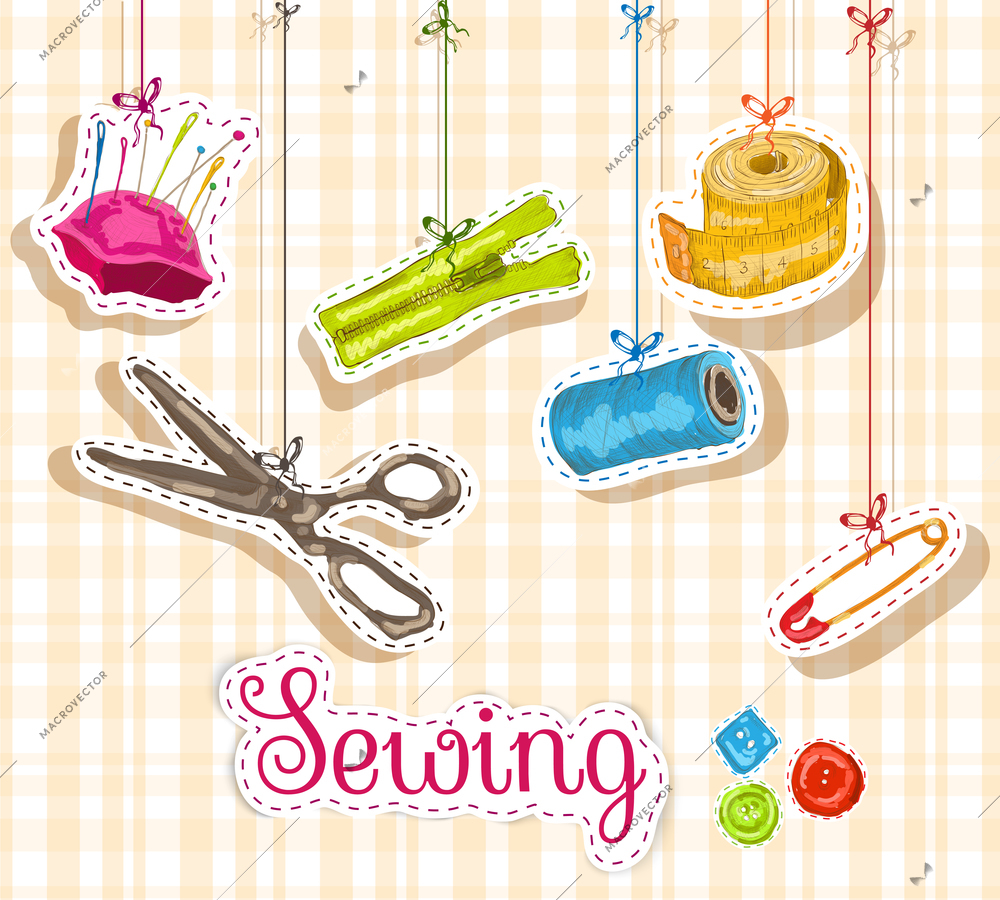 Sewing dressmaking and needlework accessories sketch composition vector illustration