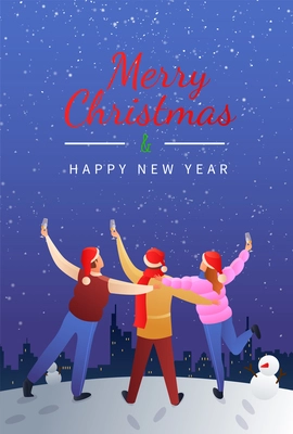 Merry christmas flat gradient poster with young people holding glasses of champagne at night  starry sky background vector illustration