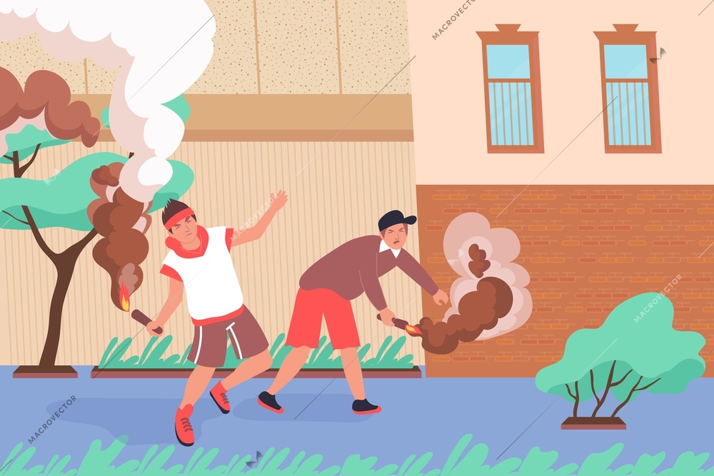 Smoke bomb hooligan flat composition with backstreet scenery and two teenage characters lighting up fire flare vector illustration