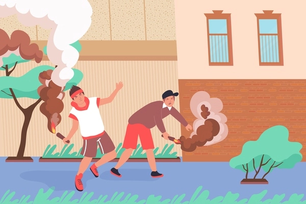 Smoke bomb hooligan flat composition with backstreet scenery and two teenage characters lighting up fire flare vector illustration