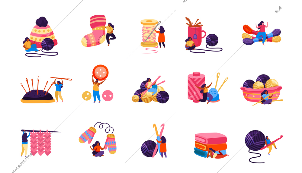 Set of isolated knitting flat recolor icons with images of clews needles knitwear and human characters vector illustration