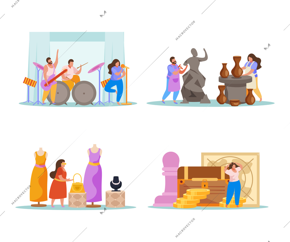 Hobby flat people 4x1 set of compositions with doodle human characters playing music sculpting designing clothes vector illustration