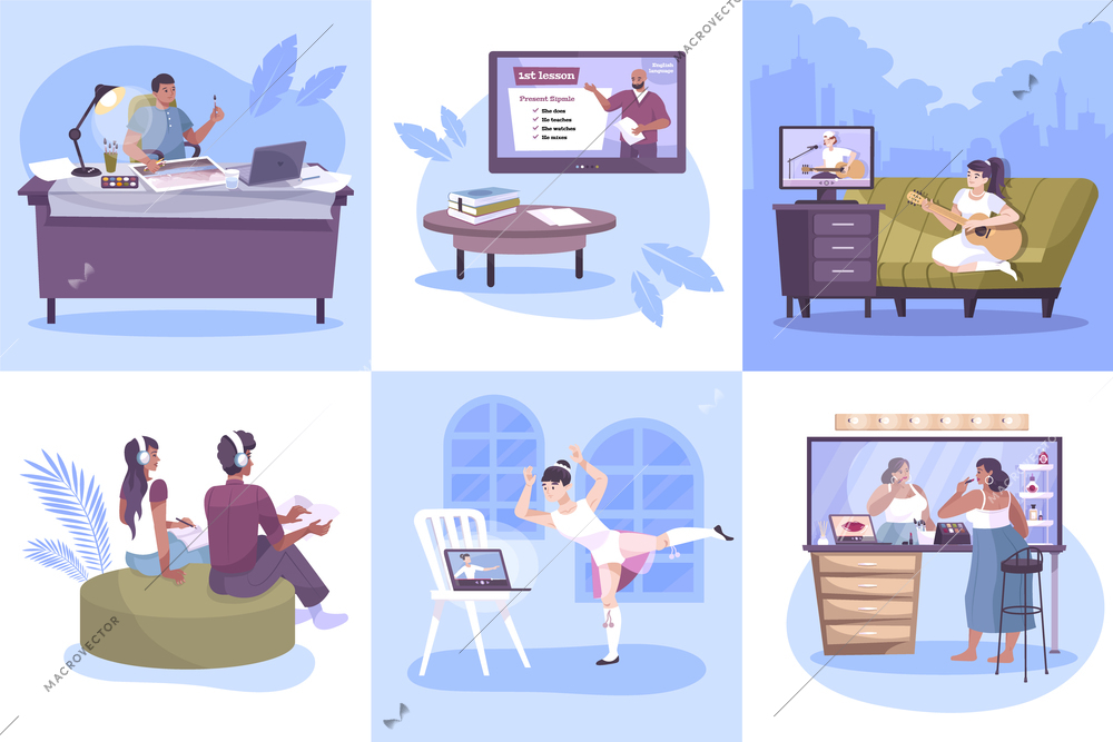 Hobby online set of square compositions with flat human characters practicing at home with remote tutors vector illustration