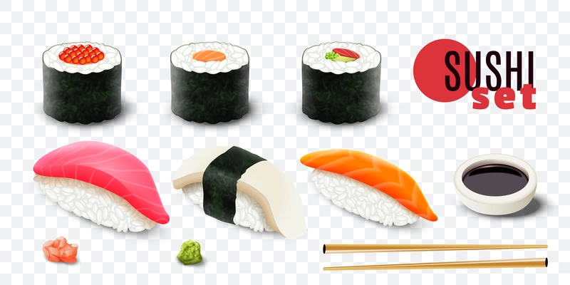 Realistic fresh sushi set on transparent background isolated vector illustration