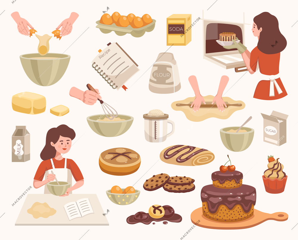 Homemade cooking flat color set of  dough sugar soda butter eggs milk mixer and ready made pastries  isolated vector illustration