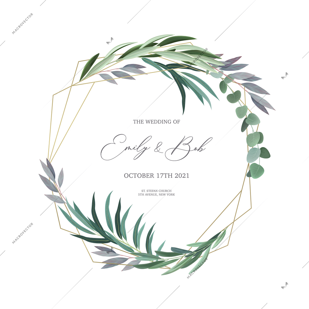 Realistic wedding invitation design frame with eucalyptus leaves and text field vector illustration