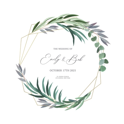 Realistic wedding invitation design frame with eucalyptus leaves and text field vector illustration