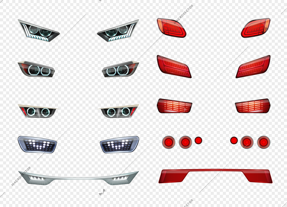 Car headlights realistic transparent icon set different type style and color of headlights vector illustration