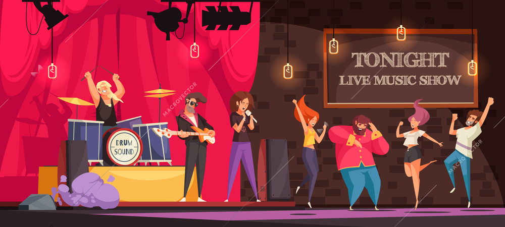 Rock band performing on stage and people dancing at live music show cartoon vector illustration