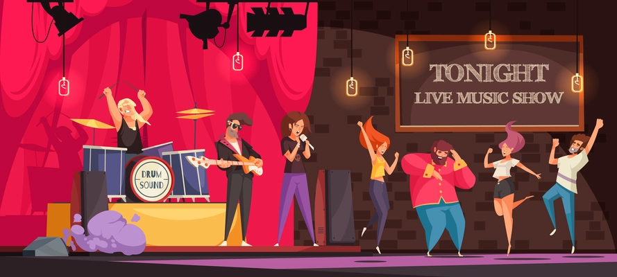 Rock band performing on stage and people dancing at live music show cartoon vector illustration