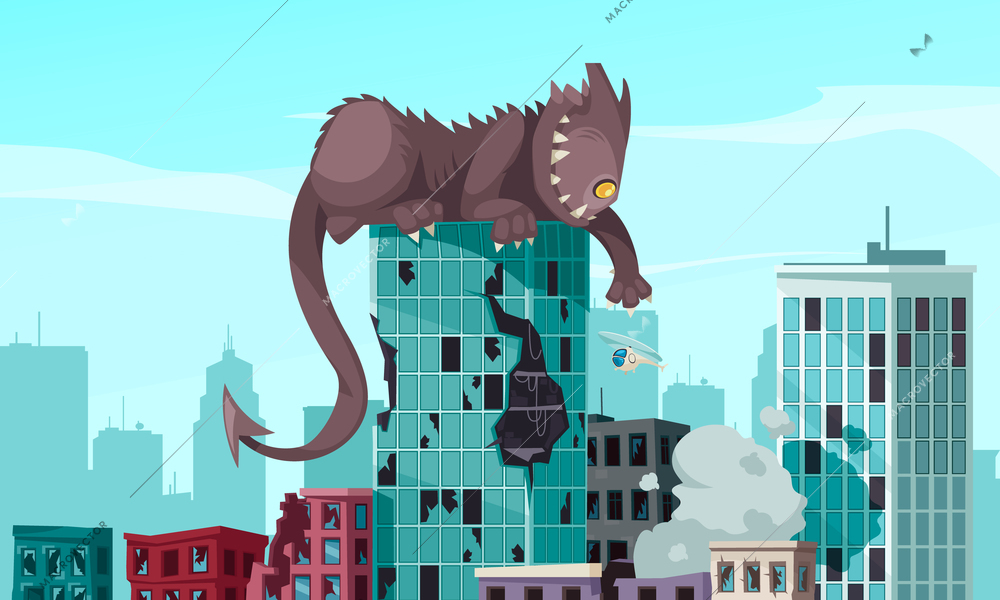 Funny monster with sharp teeth and long tail sitting on top of damaged building cartoon vector illustration