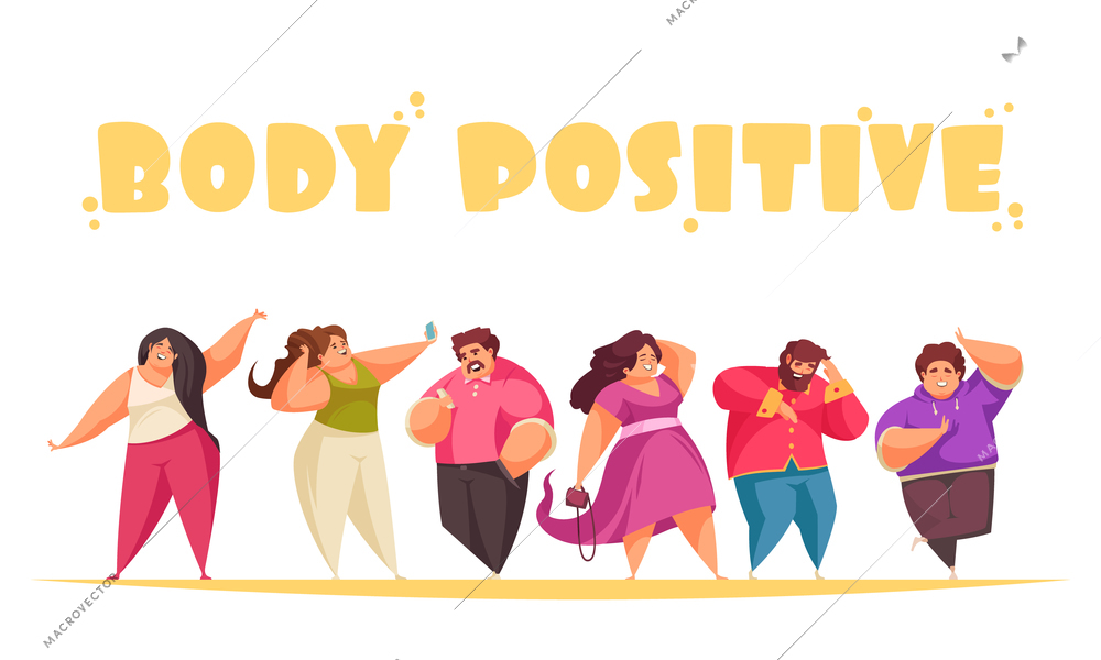 Body positive cartoon concept with plump happy human characters on white background vector illustration