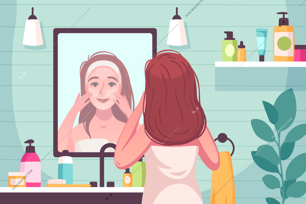 Skin care cartoon composition with young woman in bathroom smoothing mask over her face vector illustration