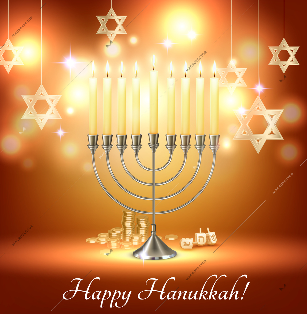 Happy hanukkah jewish festival celebration greeting with menora candelabrum lights six pointed david star symbols vector illustration