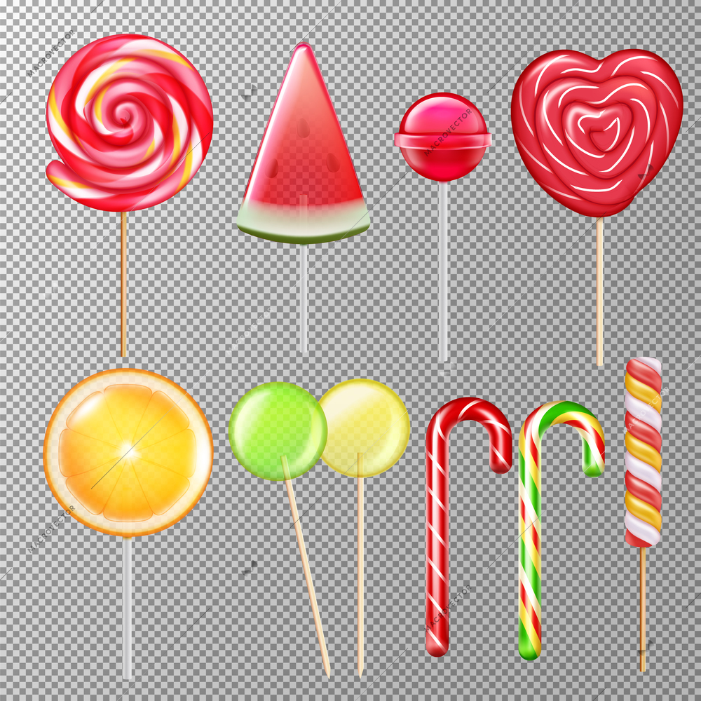 Candies lollypops various tastes shapes flavors realistic set with striped swirl heart cane ball transparent vector illustration