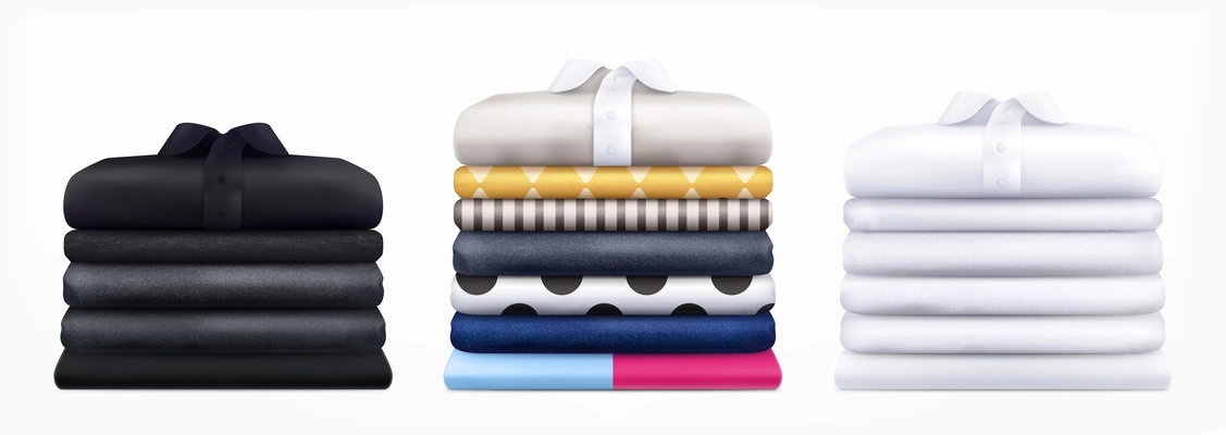 Clothes stacks realistic design concept with three bundles of neatly piled fabric and chemises vector illustration