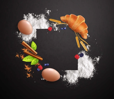 Bakery realistic frame made up of croissant eggs wheat flour mint leaves on black background vector illustration