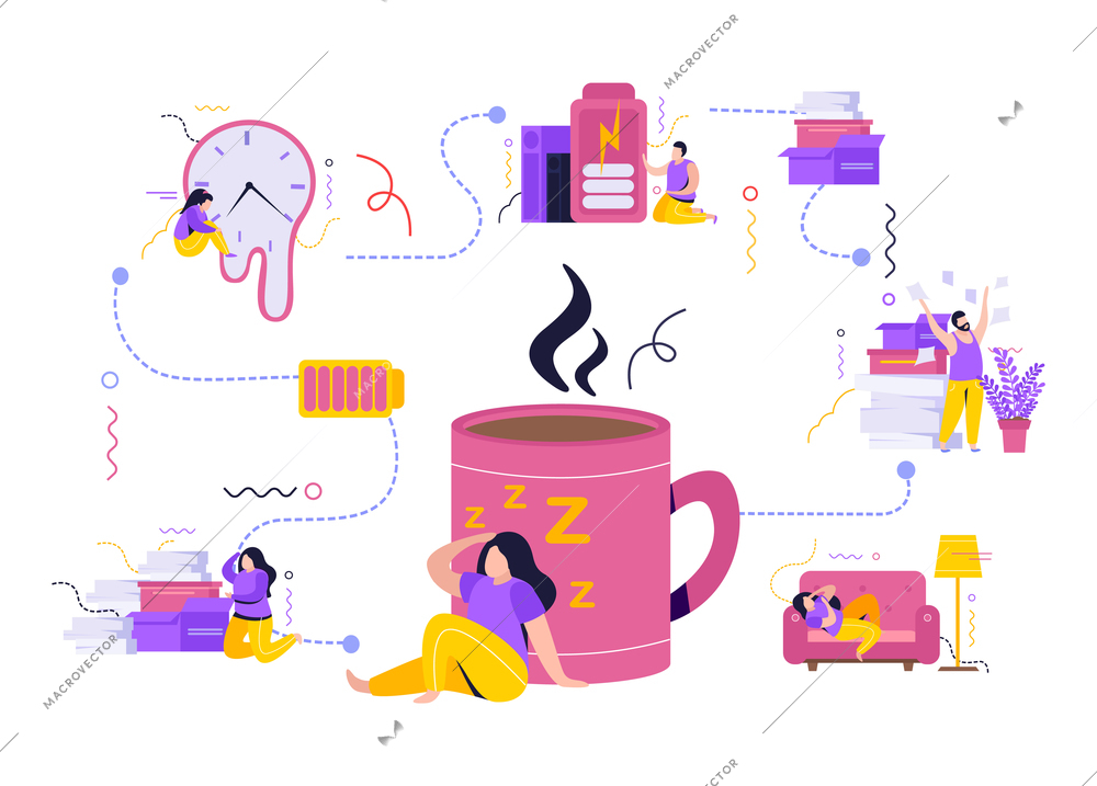 Fatigue flat composition with tired people with low energy unpacking purchases or lying on couch vector illustration