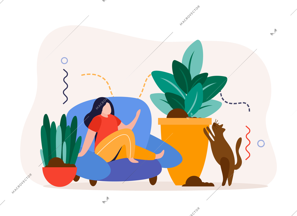 Home garden flat background with woman sitting in sitting in chair surrounded by home made potted flowers vector illustration