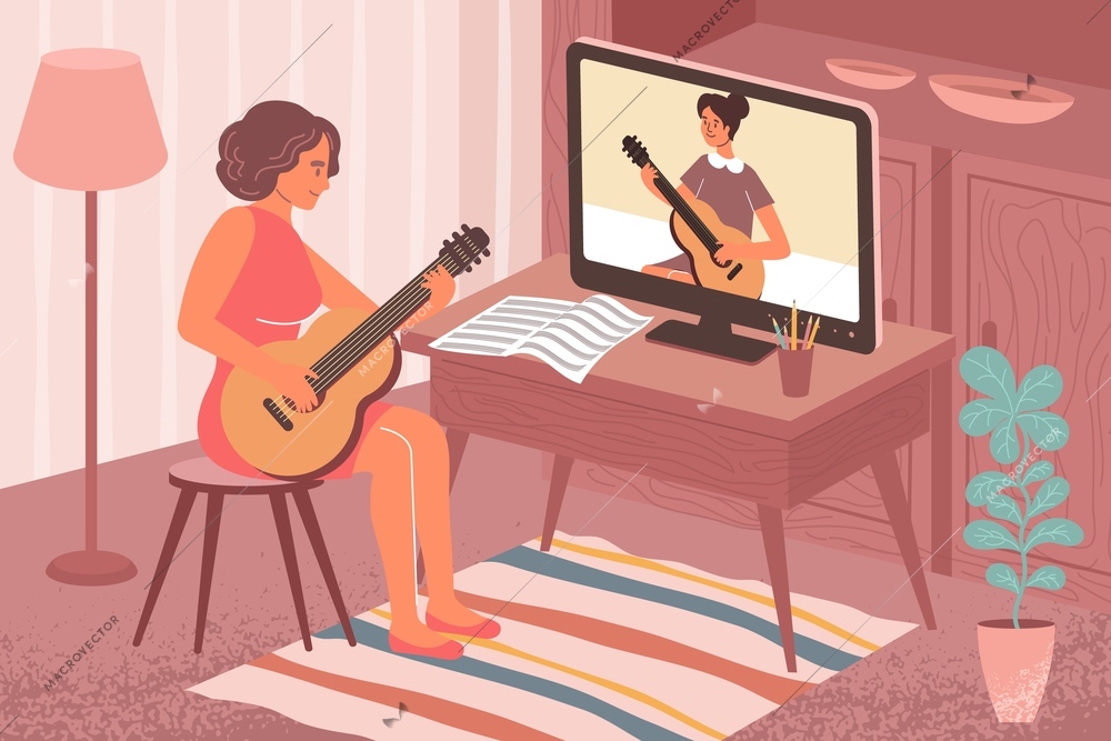Online learning music flat composition with living room scenery and girl playing guitar with remote tutor vector illustration