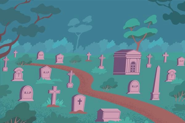 Cemetery flat composition with outdoor night landscape and stone graves on ground with grass and trees vector illustration