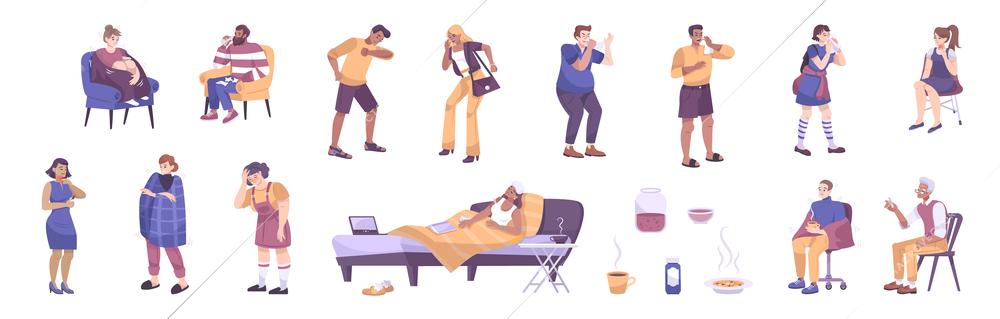 Set of isolated colds symptoms icons and flat characters of people getting cold on blank background vector illustration