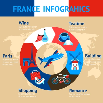 Paris infographic set with pie chart and teatime building romance shopping wine elements vector illustration