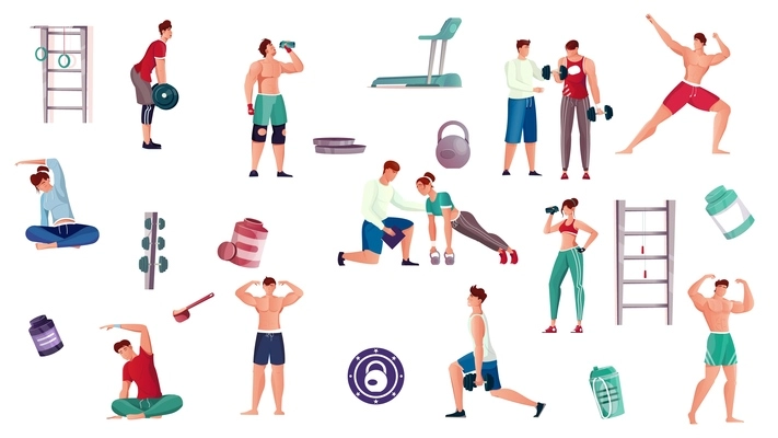 Bodybuilding icons set with sports equipment nutrition and people during workout isolated on white background vector illustration