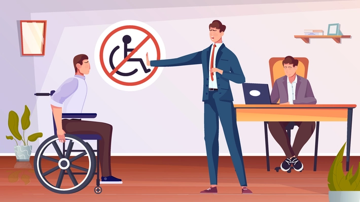 Discrimination of disabled people with man on wheelchair flat vector illustration