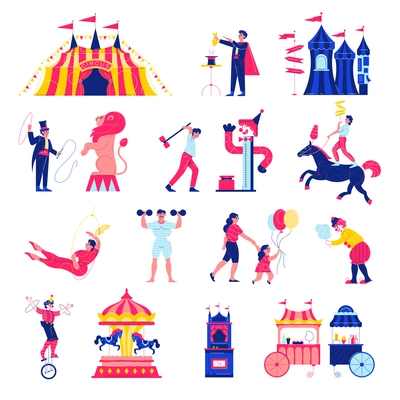 Circus funfair set with isolated icons of big top fairground rides market stalls and human characters vector illustration