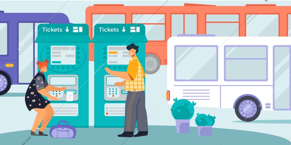 Public transport self service ticket machine for bus tram flat composition with male female passengers vector illustration