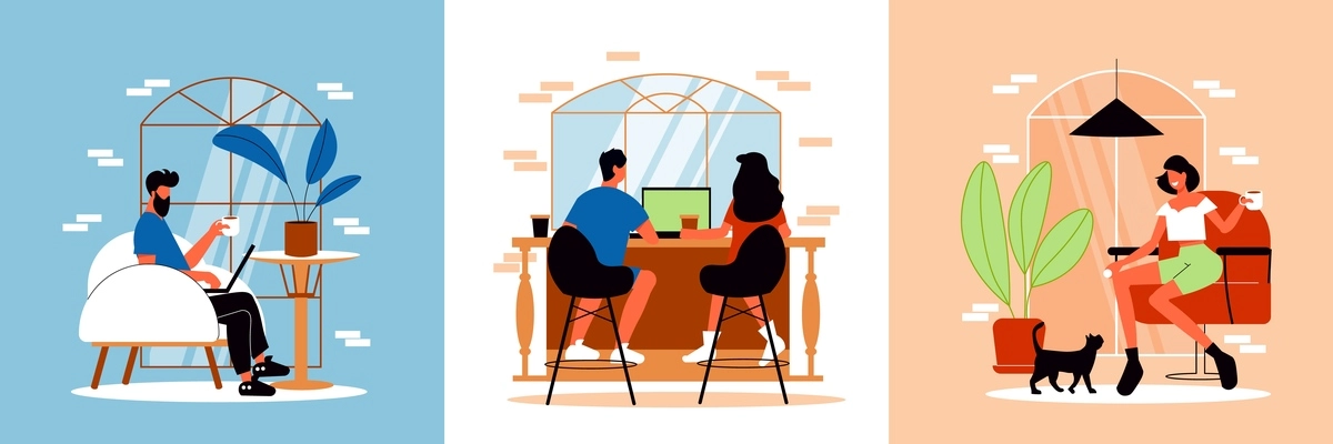 People in cafe design concept consisting of three square compositions with customers who came to drink coffee flat vector illustration