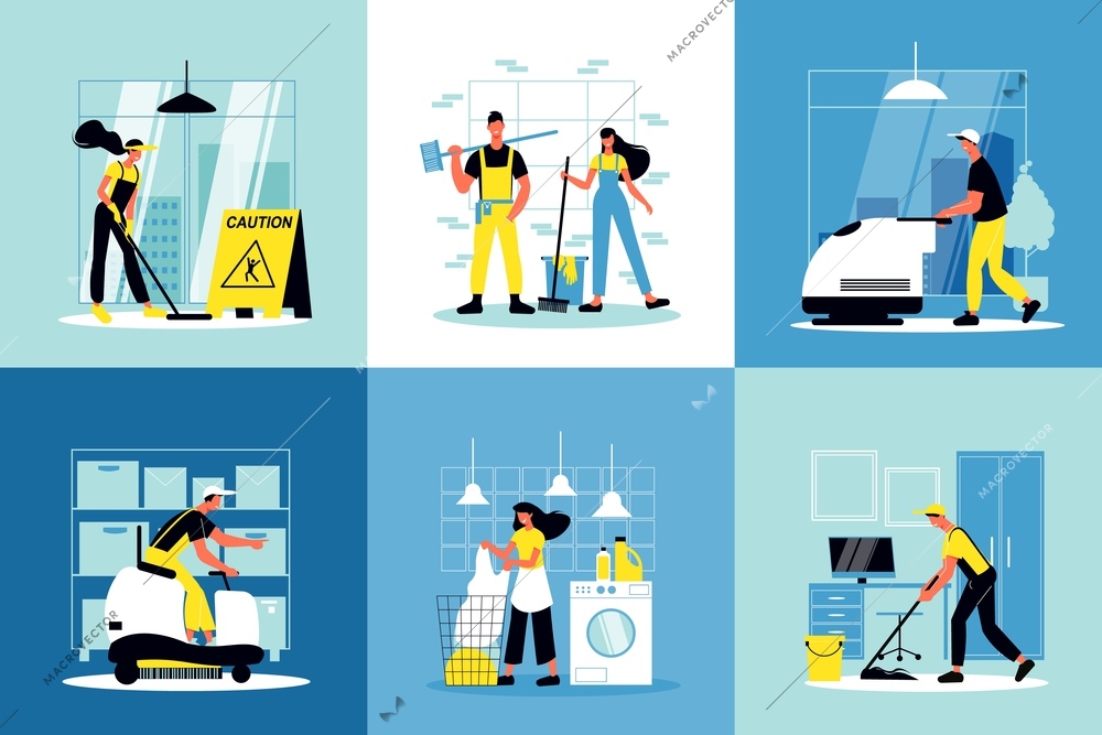 Cleaning service design concept with staff of cleaning company  working indoor and outdoor flat vector illustration