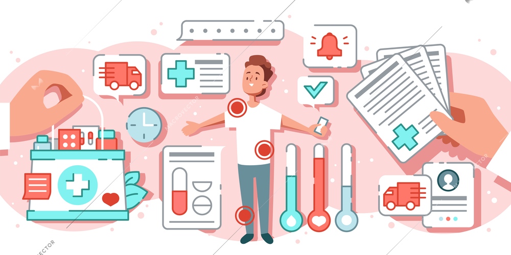 Flat online medicine concept with happy patient smartphone medication test results vector illustration