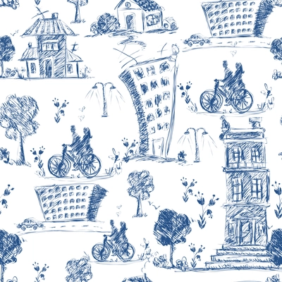 Doodle city blue sketch seamless pattern with buildings trees and bicyclists vector illustration