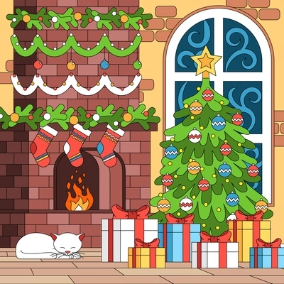 Christmas coloring composition with indoor view of living room with fireplace decorations holiday tree and gifts vector illustration