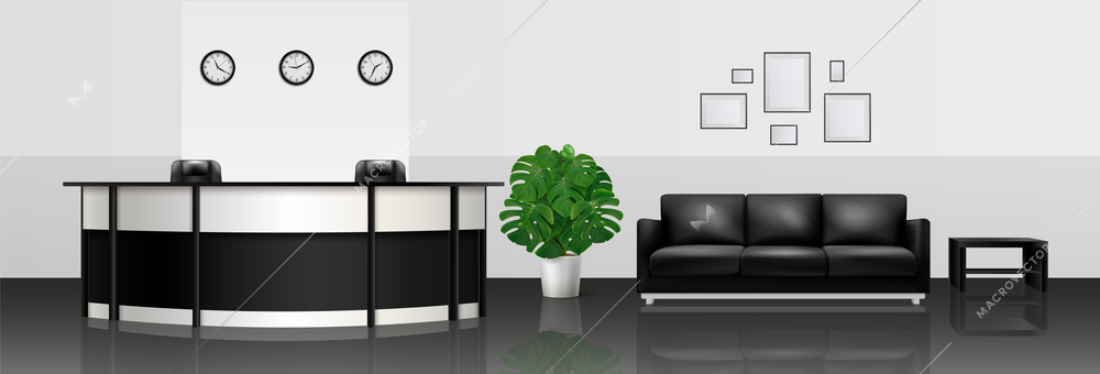 Office interior realistic composition with reception counter leather sofa and  journal table vector illustration