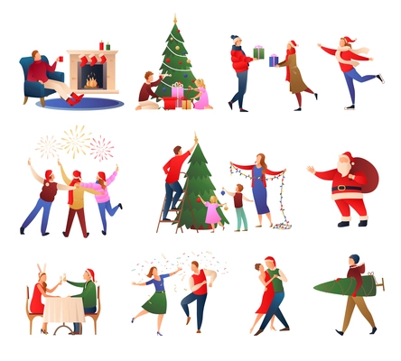 Christmas flat gradient set of happy people decorating christmas tree and giving each other gifts isolated vector illustration