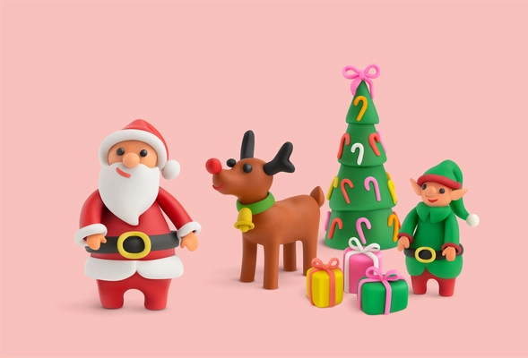 Merry christmas realistic background with cute cartoon plasticine figures of  santa claus fawn and decorated christmas tree vector illustration