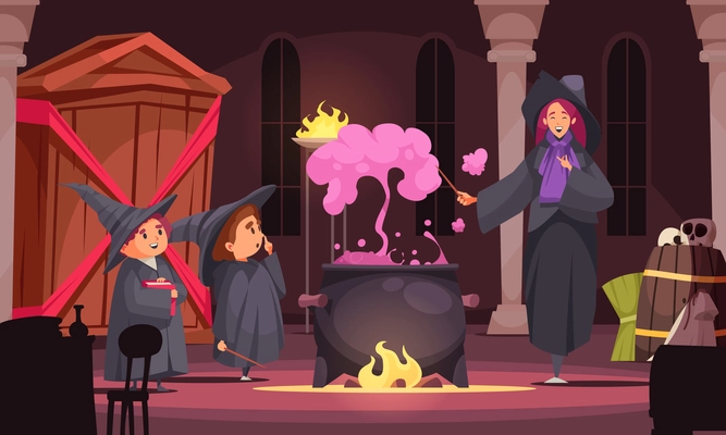 Magic school composition with indoor scenery and female teacher brewing potion with purple smoke and pupils vector illustration