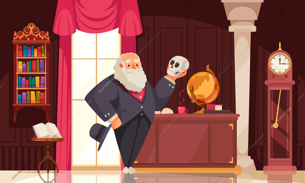 Famous scientist darwin composition with vintage room interior scenery and doodle character looking at human skull vector illustration