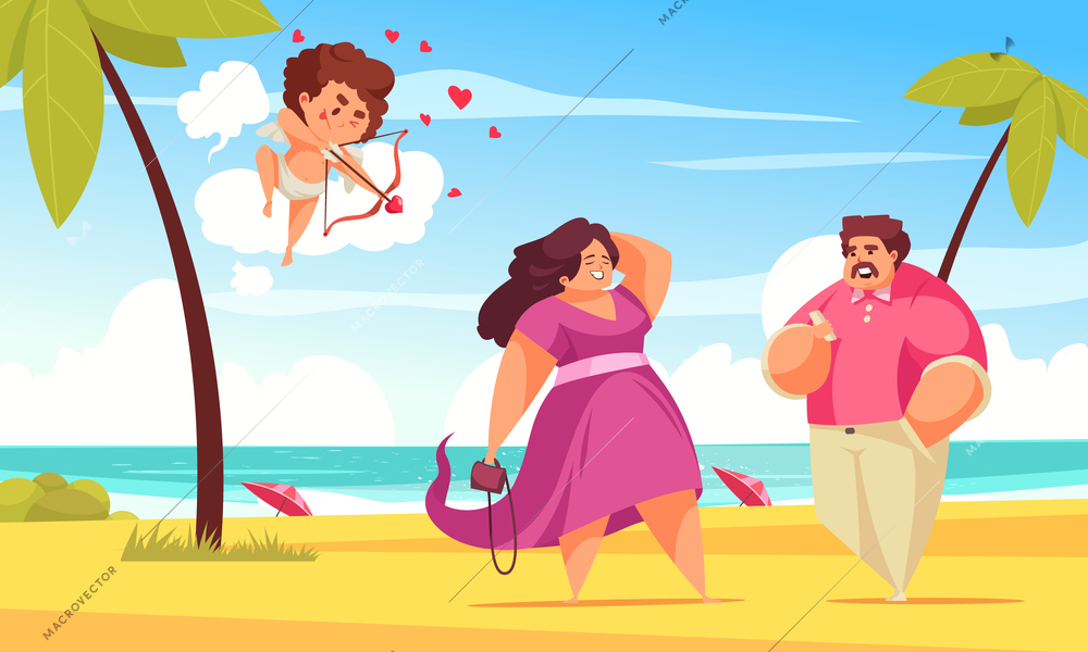 Amur cupid valentine day couple composition with tropical beach landscape and character of amor with couple vector illustration