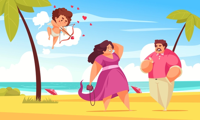 Amur cupid valentine day couple composition with tropical beach landscape and character of amor with couple vector illustration