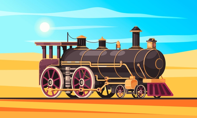 Vintage transport composition with desert landscape sand and sunny sky with railway and classic steam locomotive vector illustration