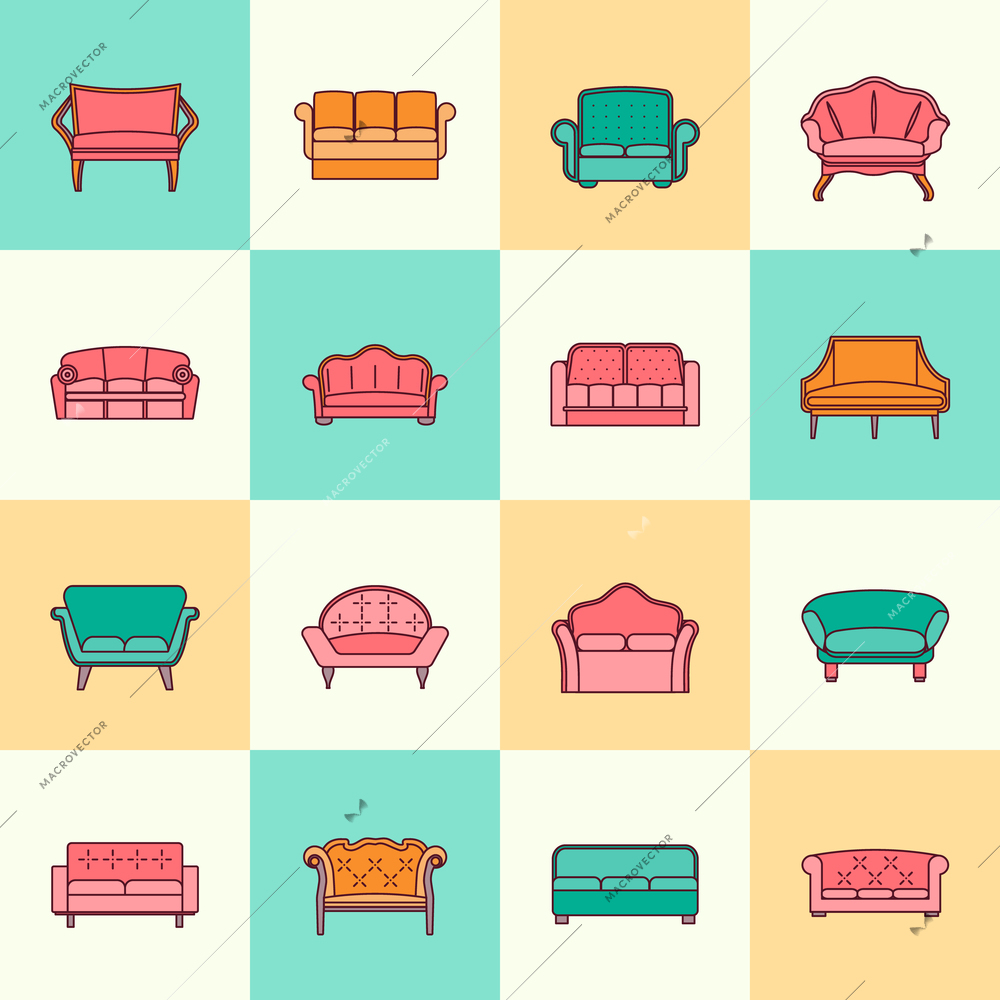 Sofa couches modern furniture interior collection icons flat line set isolated vector illustration