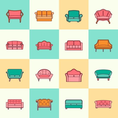 Sofa couches modern furniture interior collection icons flat line set isolated vector illustration